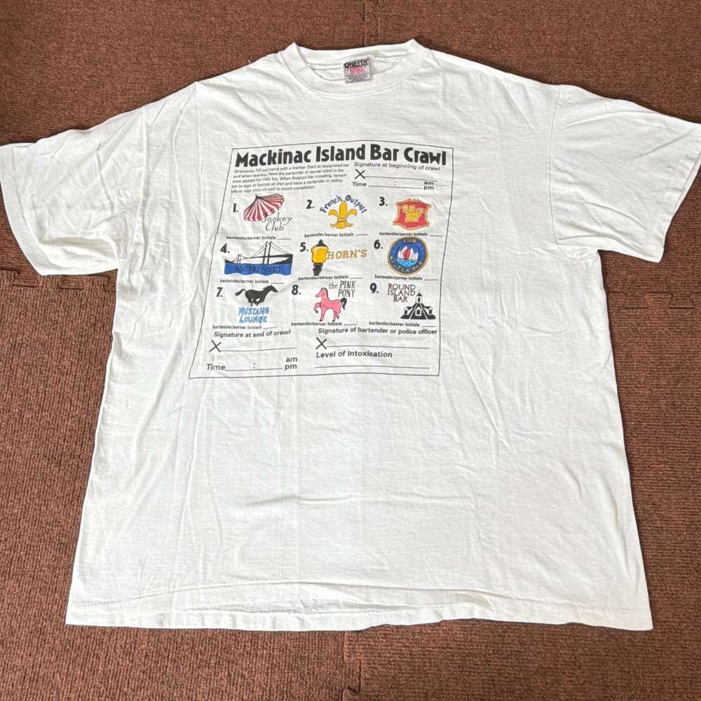 Vintage Oneita Mackinac Island Bar Crawl T Shirt White XXL Graphic Michigan 90s